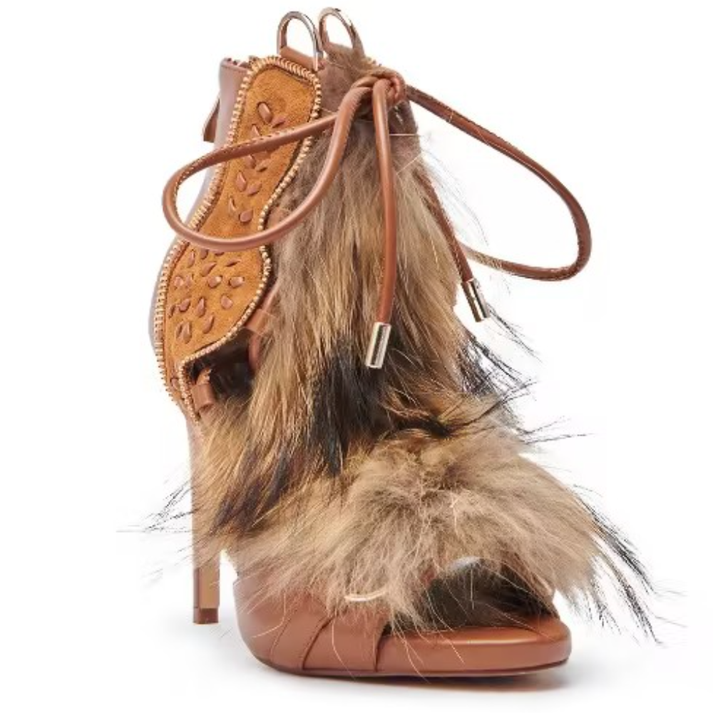 Ribbon-Tied Fur Sandals