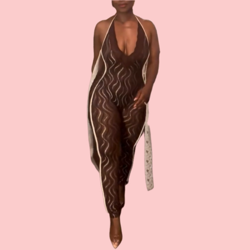 Brown Lace-Trimmed Floral Bodysuit