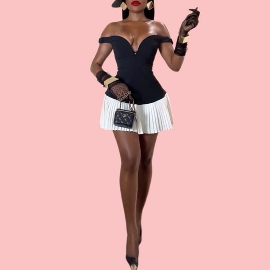 Black & White Patchwork Pleated Mini Dress