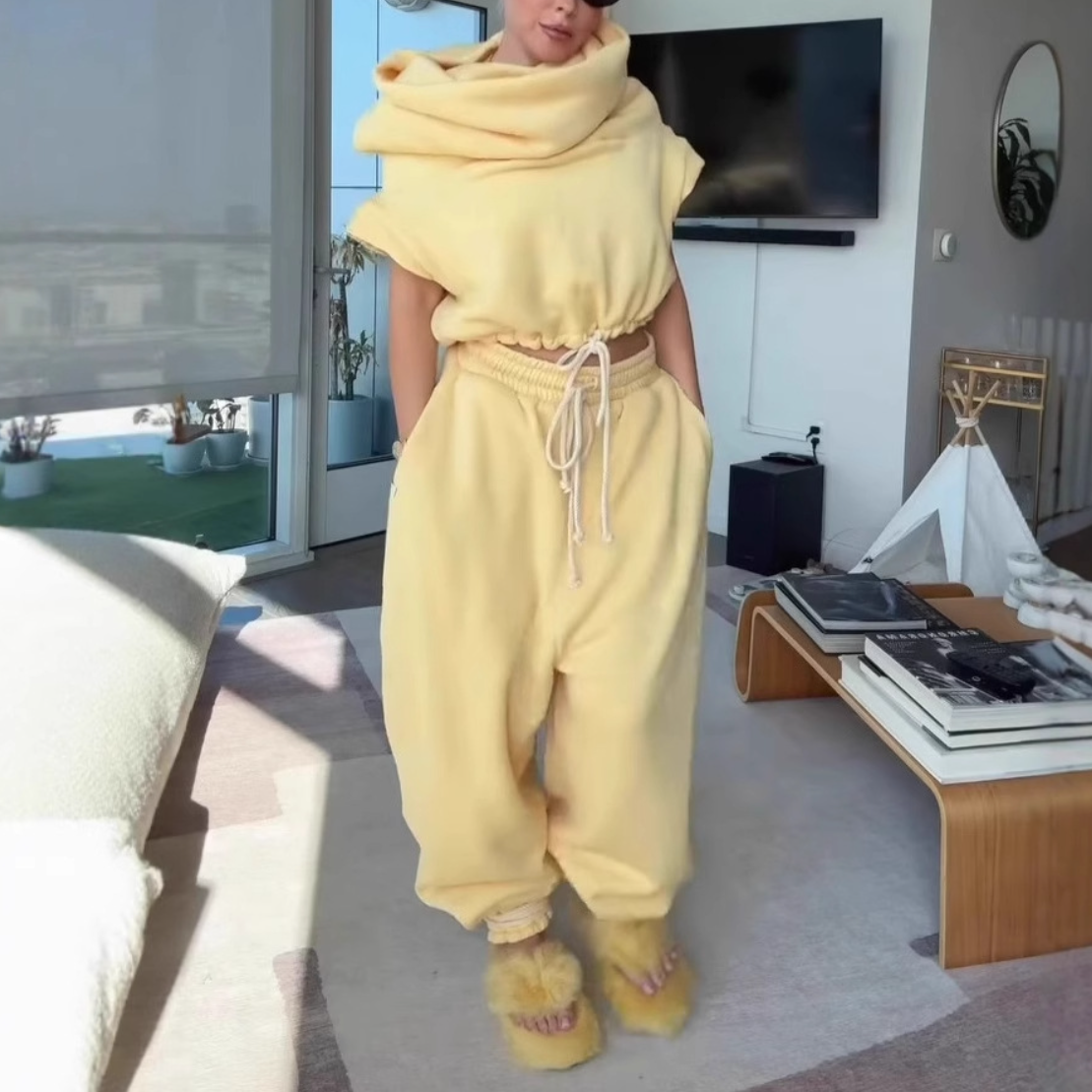 Yellow Puffed Collar Hoodie Two-Piece Set