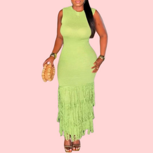 Green Sleeveless Fringed Maxi Dress