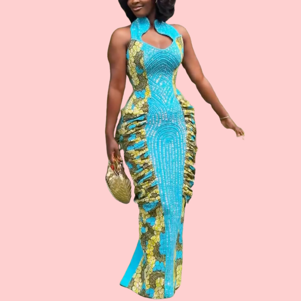 Blue Floral Rhinestone Lace-Up Maxi Dress