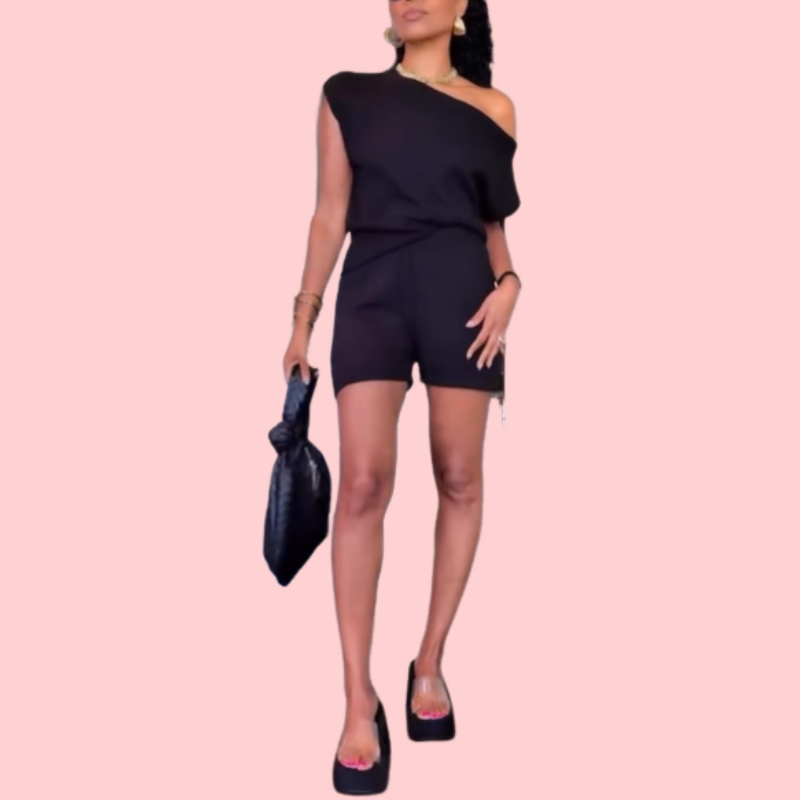 Black V-Neck Knit Top & Shorts Set