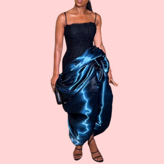 Blue Silk Patchwork Halter Maxi Dress