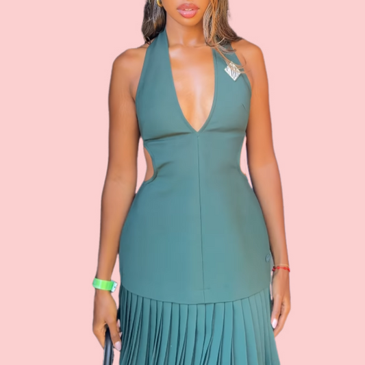 Green V-neck Cutout Mini Dress