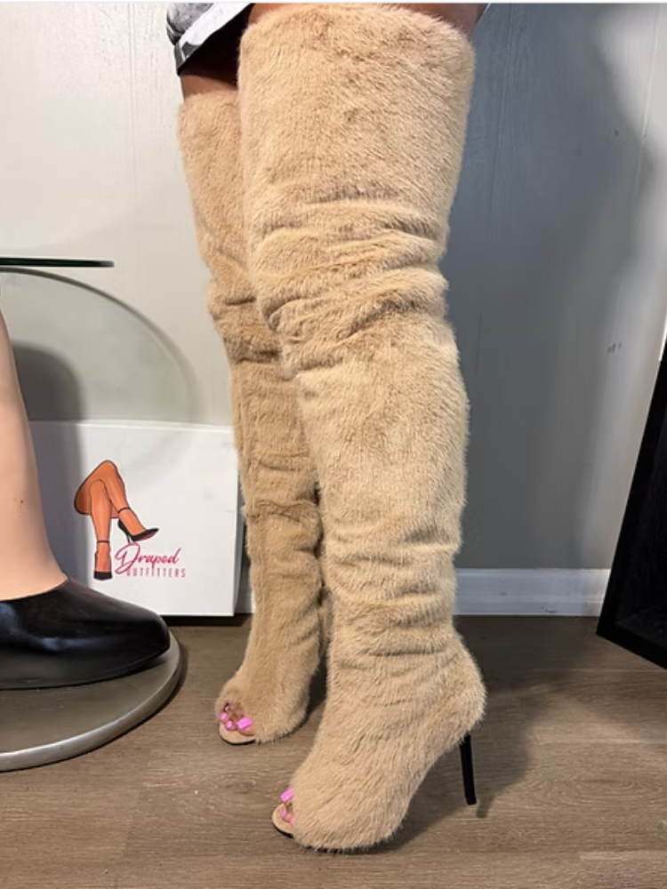 Fur-lined Open-Toe High-Heel Boots