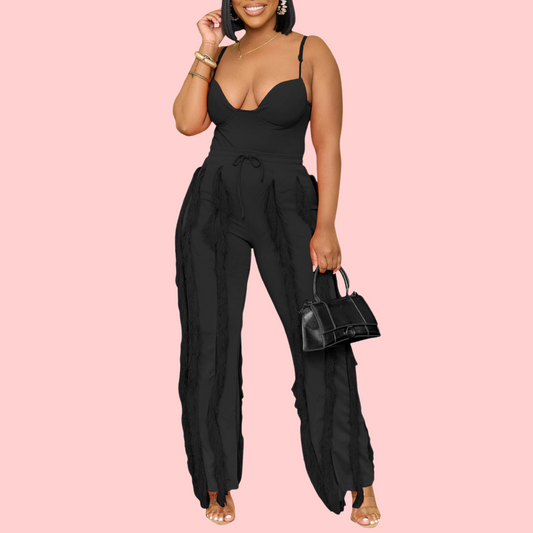 Solid-Color Strapless Top & Fringe-Trimmed Pants Set