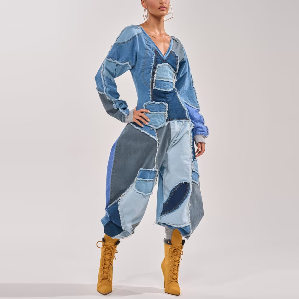 COMFY COZY JUMPSUIT IN DENIM PATCHWORK